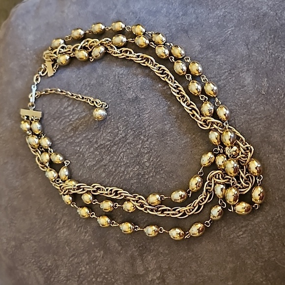 VTG 1960s Goldtone Layered Beaded Chain Holiday Necklace - Picture 2 of 7